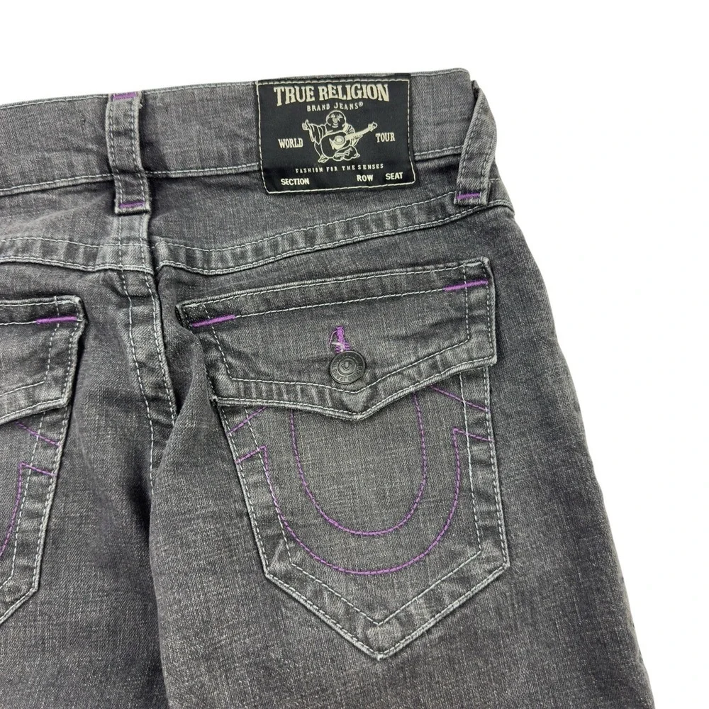 True Religion‎ Ricky Jeans Relaxed Straight Black Distressed Purple Stitch 30x35